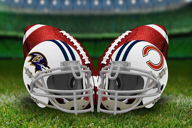 Baltimore Ravens and Chicago Bears football helmets for NFL betting