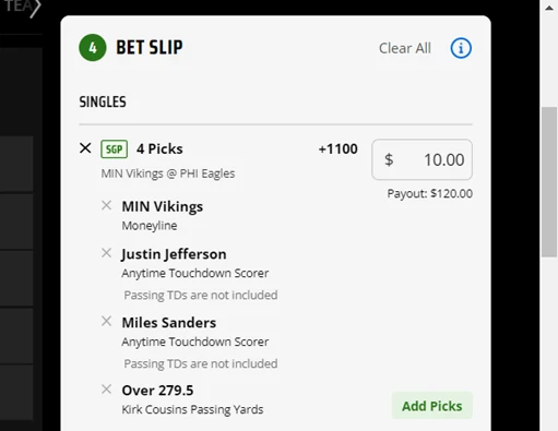 screen shot of betslip for parlay bets